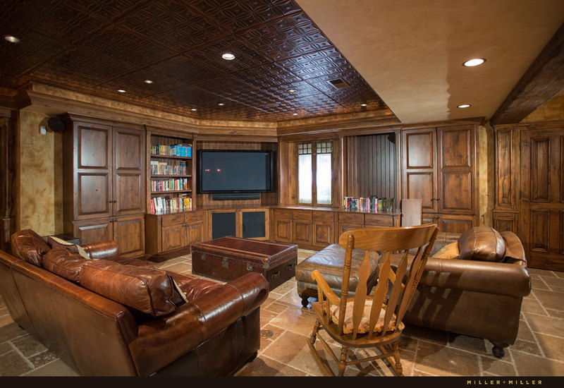 basement media theater room reclaimed wood cabinets