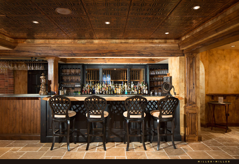 copper ceiling reclaimed wood brick basement professional bar