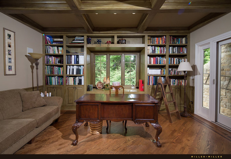 faux finished green coffered ceiling library