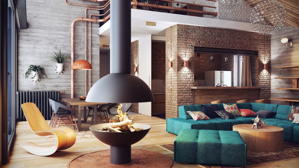 colorful industrial living room
